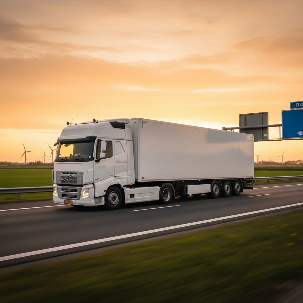 Witte vrachtwagen op Nederlandse snelweg bij zonsondergang